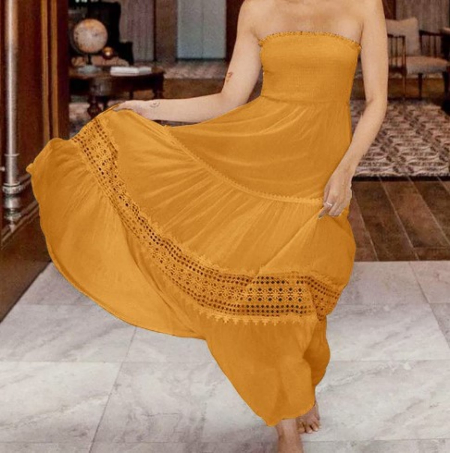 Lace Patchwork Holiday Long Dress Yellow - Shop at LoveMi