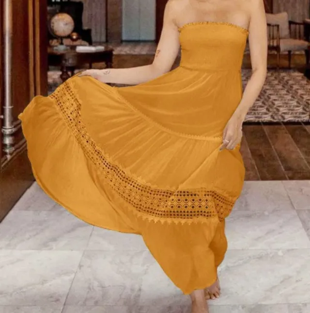 Lace Patchwork Holiday Long Dress Yellow - Shop at LoveMi