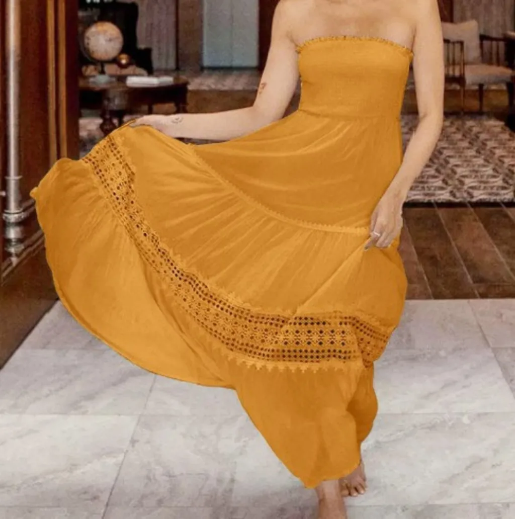 Lace Patchwork Holiday Long Dress - Yellow