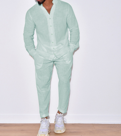 Men's Linen Solid Color Lounge Suit Long Sleeves - Image 7