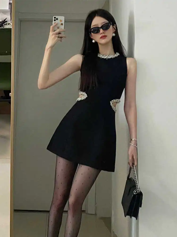 Sleeveless Dress High-grade Waist Slimming A- Line Skirt - Black