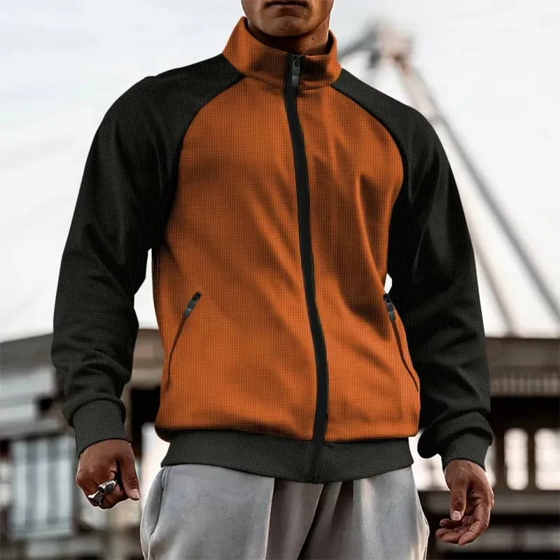 Men's Turtleneck Color Matching Zipper Raglan Sleeve Cardigan Jacket Coat
