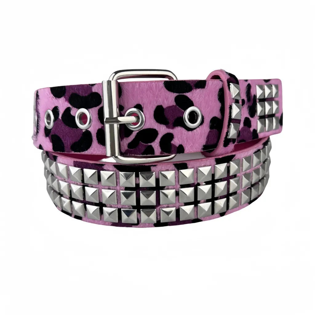 Women's Square Bead Rivet Belt Waist Belt - Rose Red Leopard Print