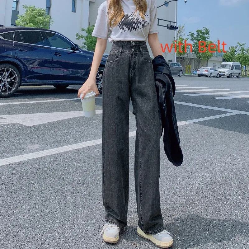Women's High Waist Straight Loose Slimming Small Wide Leg Jeans - Black Gray With Belt