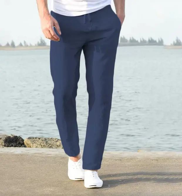 Loose solid color tether elastic waist men's linen cotton pants