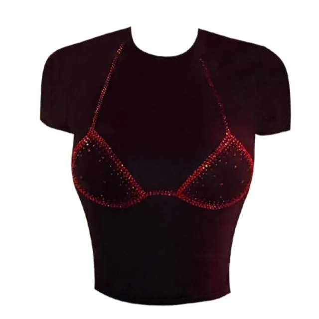 Women's Rhinestone Bikini Short sleeved T shirt Slim fit Slimming Short Top Black - Shop at LoveMi