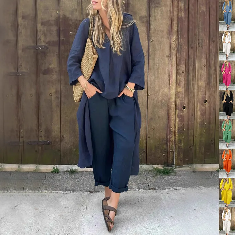 2pcs Long-sleeved Suits Loose V-neck Long Top and High