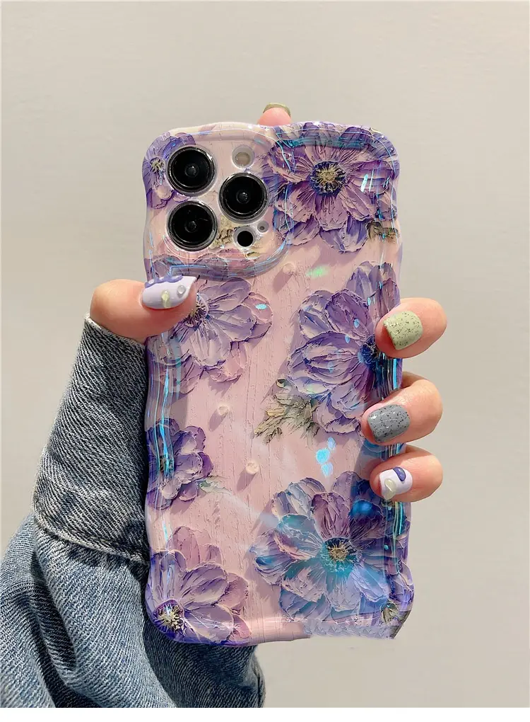 Oil Painting Flower Protective Phone Case with Fall Protection — Purple, iPhone 15 Plus