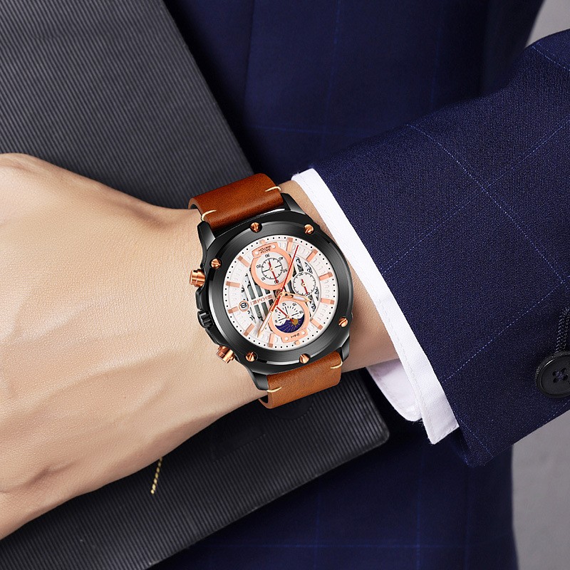 Men's Watch Fashion Trend Men's Leather-belt Watch Three Eyes And Six Needles Quartz Watch