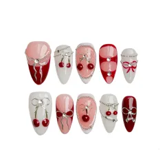 Autumn New Carved Hand Painted Almond Nail Hand-worn Nail - Wine Red - View 1