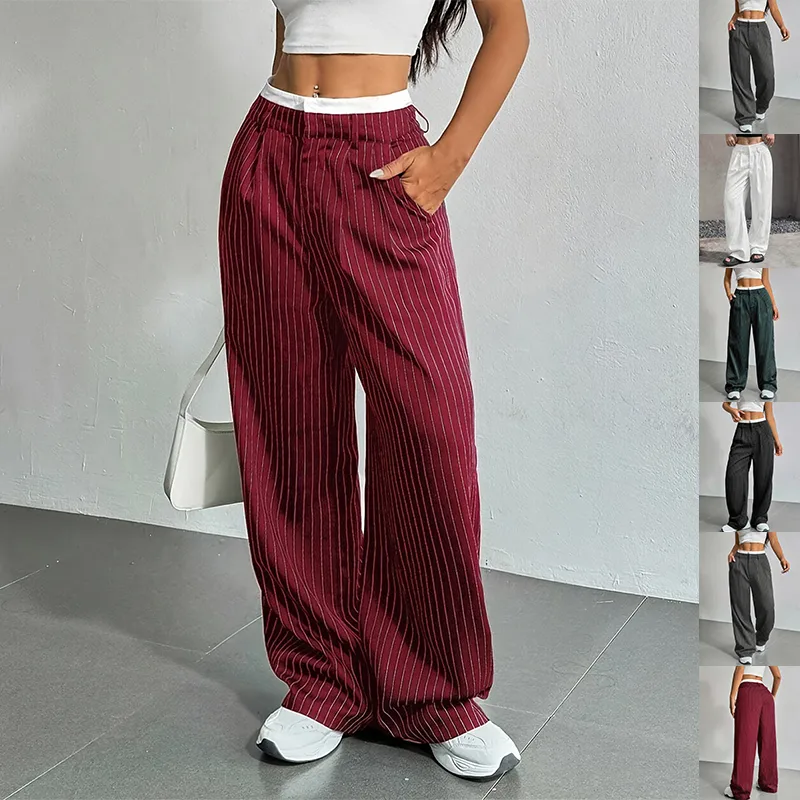 Stripe Printed Trousers Fashion High Waist Straight Leg Pants