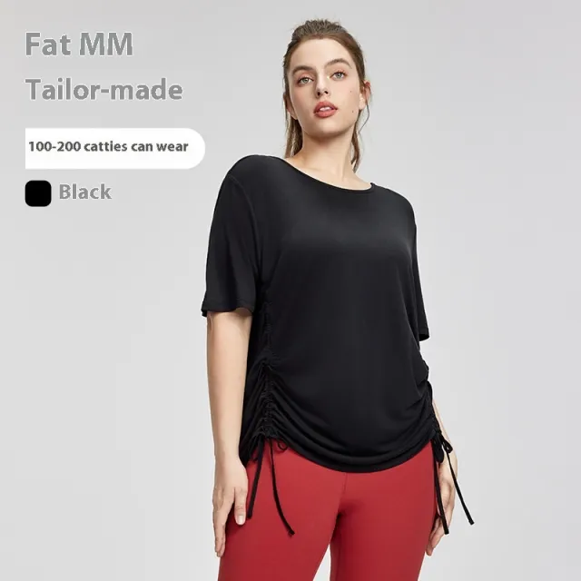 Plus Size Short sleeved T shirt Women's Adjustable Drawstring Sports Blouse Black - Shop at LoveMi