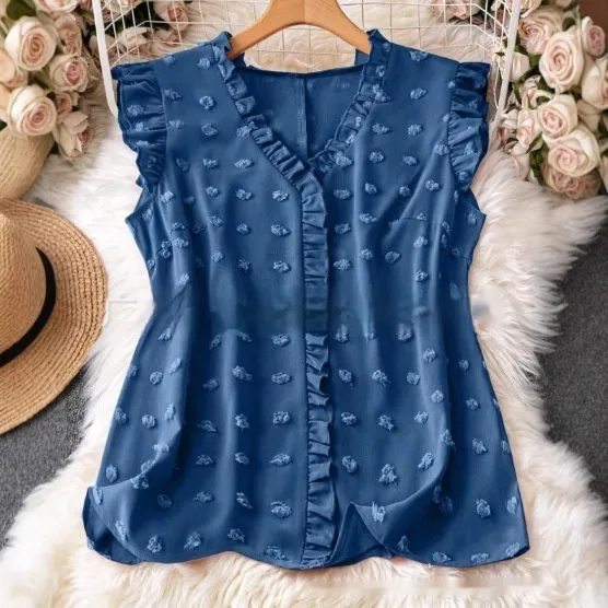 Women's Casual Solid Color Textured Cap sleeve Shirt Dark Blue - Shop at LoveMi