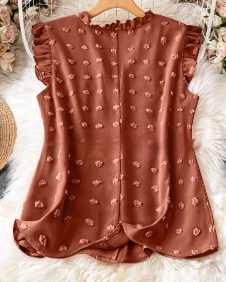 Women's Casual Solid Color Textured Cap sleeve Shirt Chocolate - Shop at LoveMi