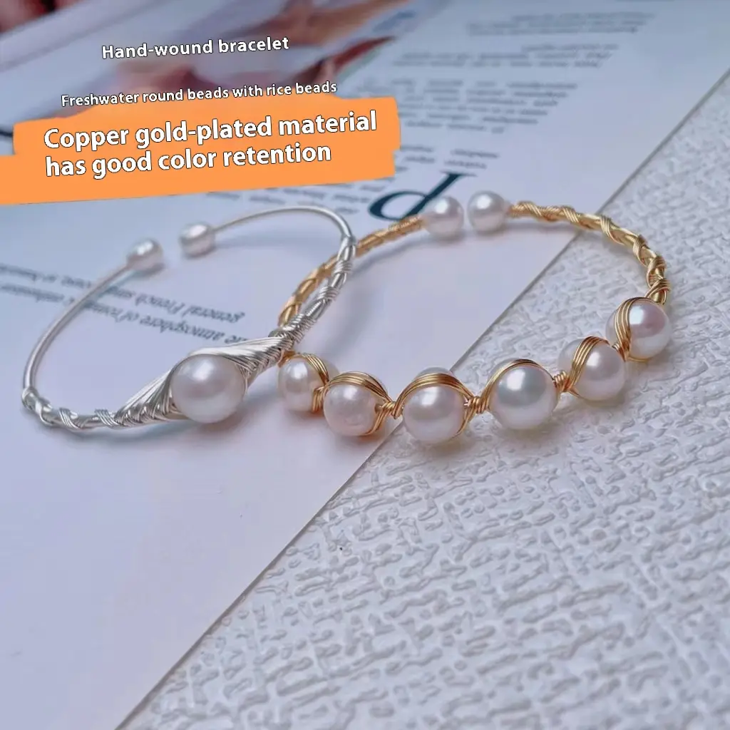 Freshwater Near-round Pearl Bracelet 14K Electroplating Handmade Winding