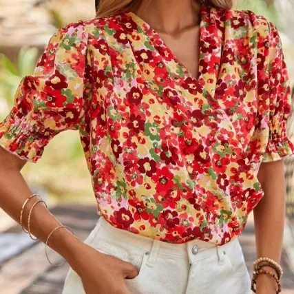 Red Floral Bubble Sleeve Pleated V Neck Wrap Blouse Red - Shop at LoveMi