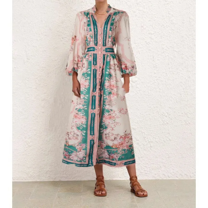Stand Collar Positioning Printed Lantern Sleeve Dress - Green