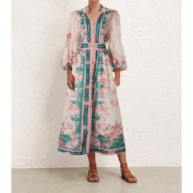 Stand Collar Positioning Printed Lantern Sleeve Dress Green - Shop at LoveMi