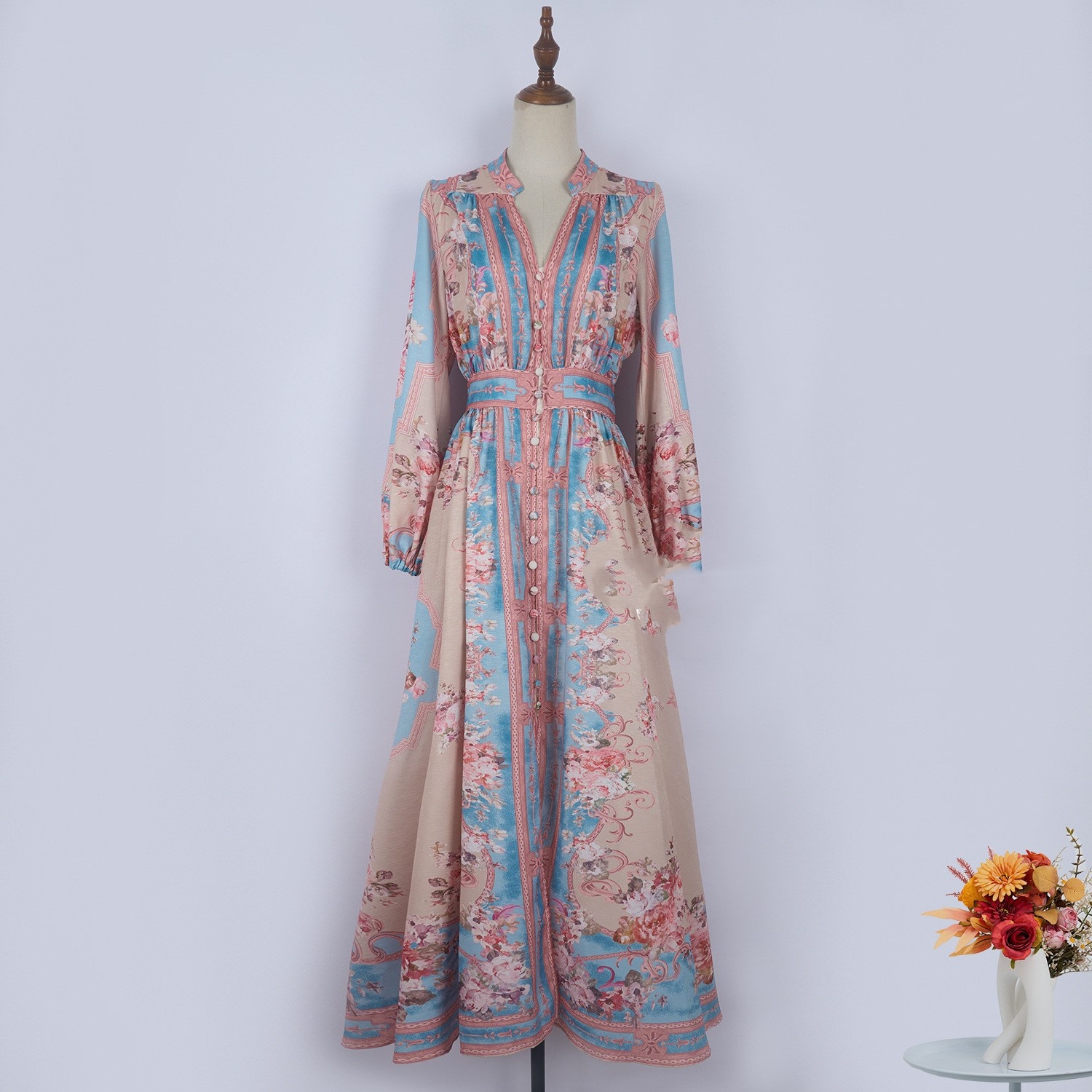 Stand Collar Positioning Printed Lantern Sleeve Dress