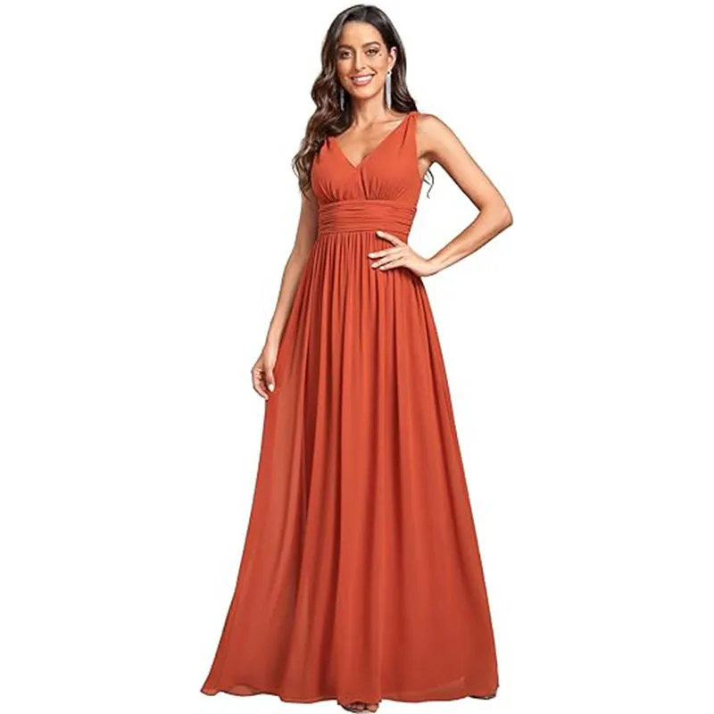 Extra Large V-neck Bridesmaid Evening Party High Waist Dress - Burnt Orange