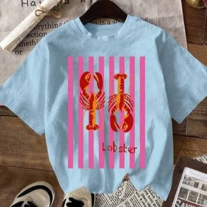 Casual Round Neck Short Sleeves Lobster Print Gra Babyblue - Shop at LoveMi