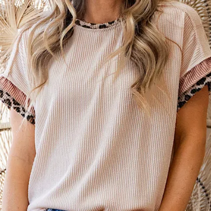 Jet Stream Leopard Patchwork Corded Knit Crew Neck T Shirt Apricot - Shop at LoveMi
