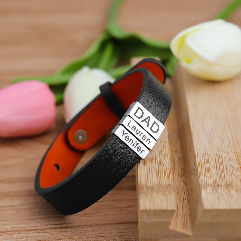 Simple Leather Stainless Steel Engraved Bracelet