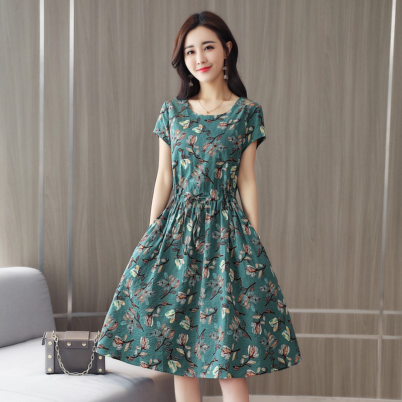 Temperament Slimming Belly-covering Younger Floral Cotton Linen Dress
