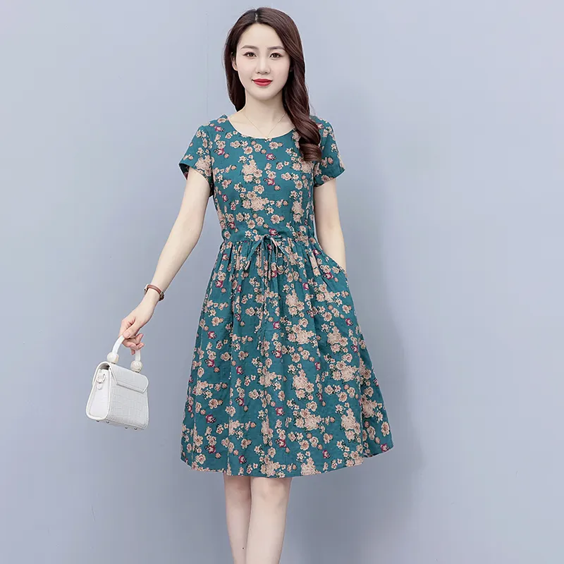 Temperament Slimming Belly-covering Younger Floral Cotton Linen Dress - Green New Flower