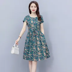 Temperament Slimming Belly-covering Younger Floral Cotton Linen Dress - Green New Flower - View 1