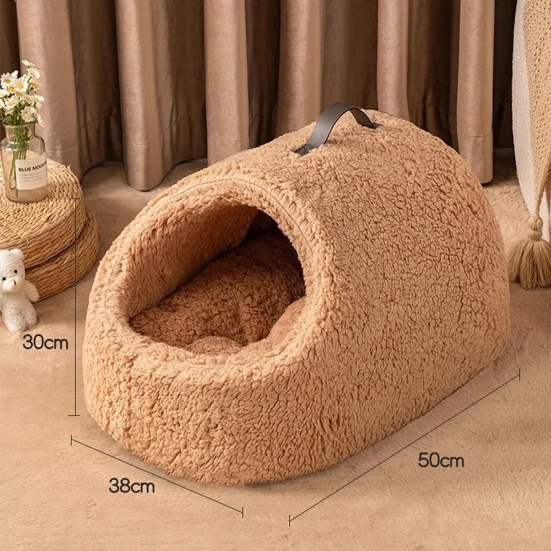 Winter Warm Closed Sense Of Security Removable And Washable Large Lambswool Slippers Cat Nest - Camel Lambswool
