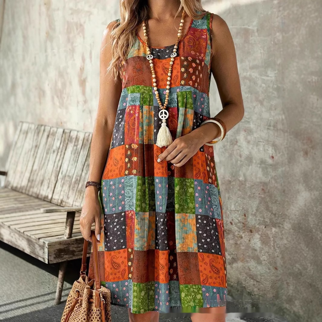 Crew Neck Casual Long Sleeve A- Line Printed Dress
