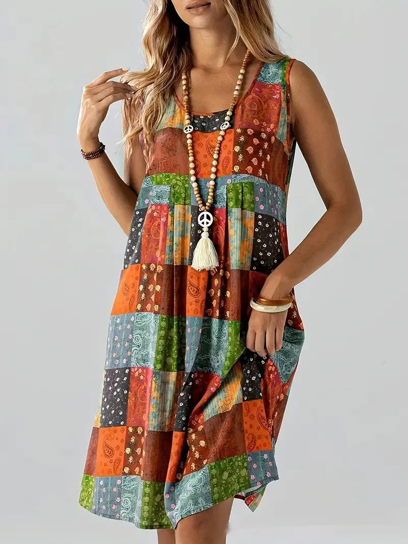 Crew Neck Casual Long Sleeve A- Line Printed Dress - Color