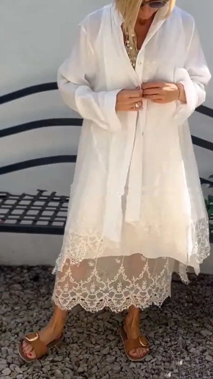 Women's Round Neck Sleeveless Hollow-out Dress Extra-long Sleeve Lace Cardigan Suit