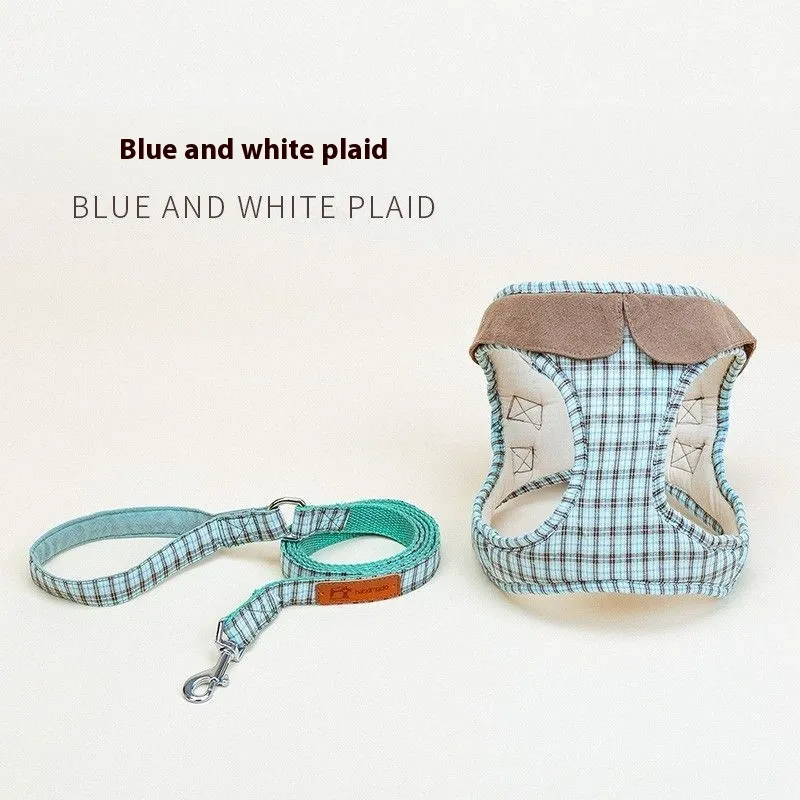 Fashion Small Vest Rope Dog Harness - Blue And White Plaid Suit