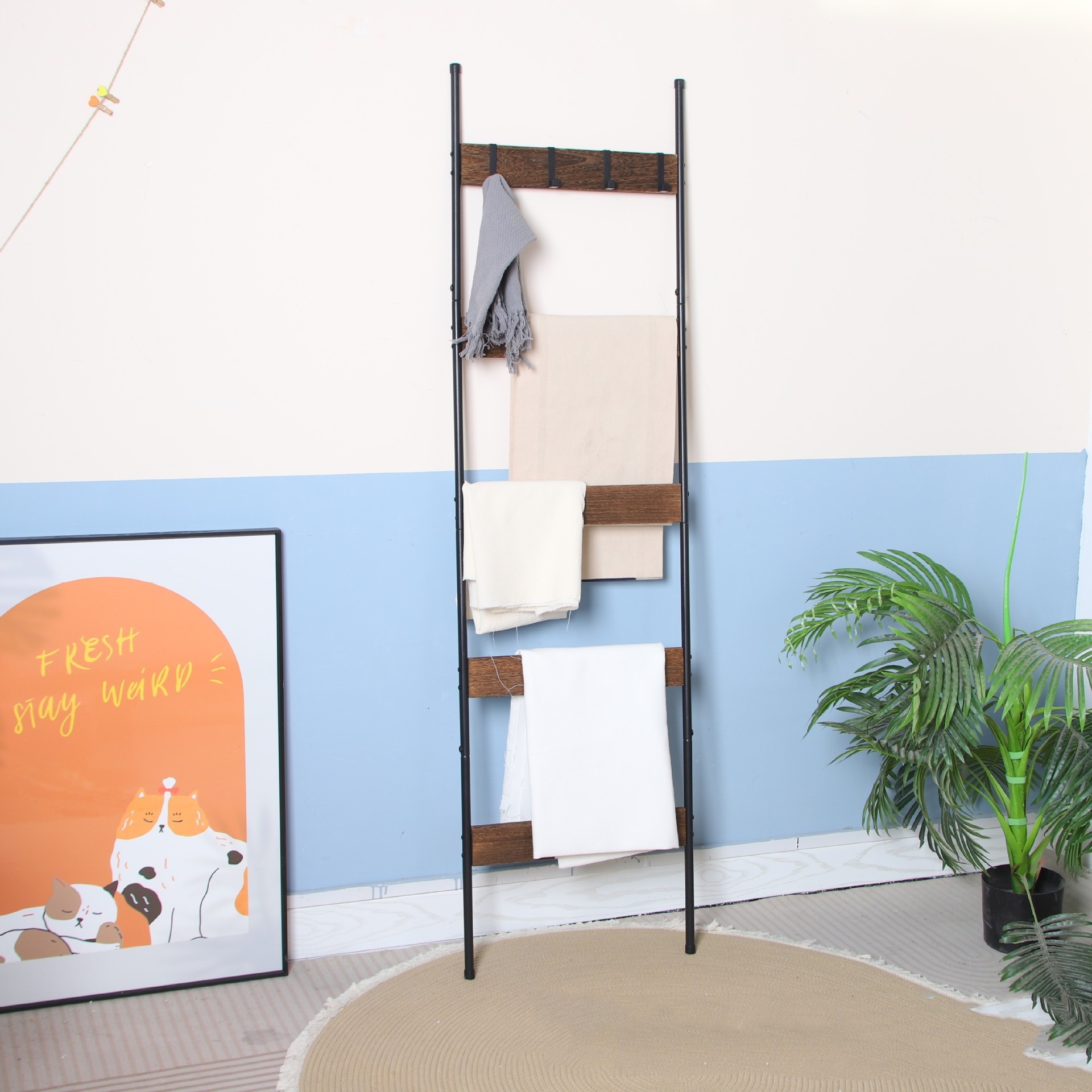 Wooden Wall Towel Rack For Living Room Blanket Ladder