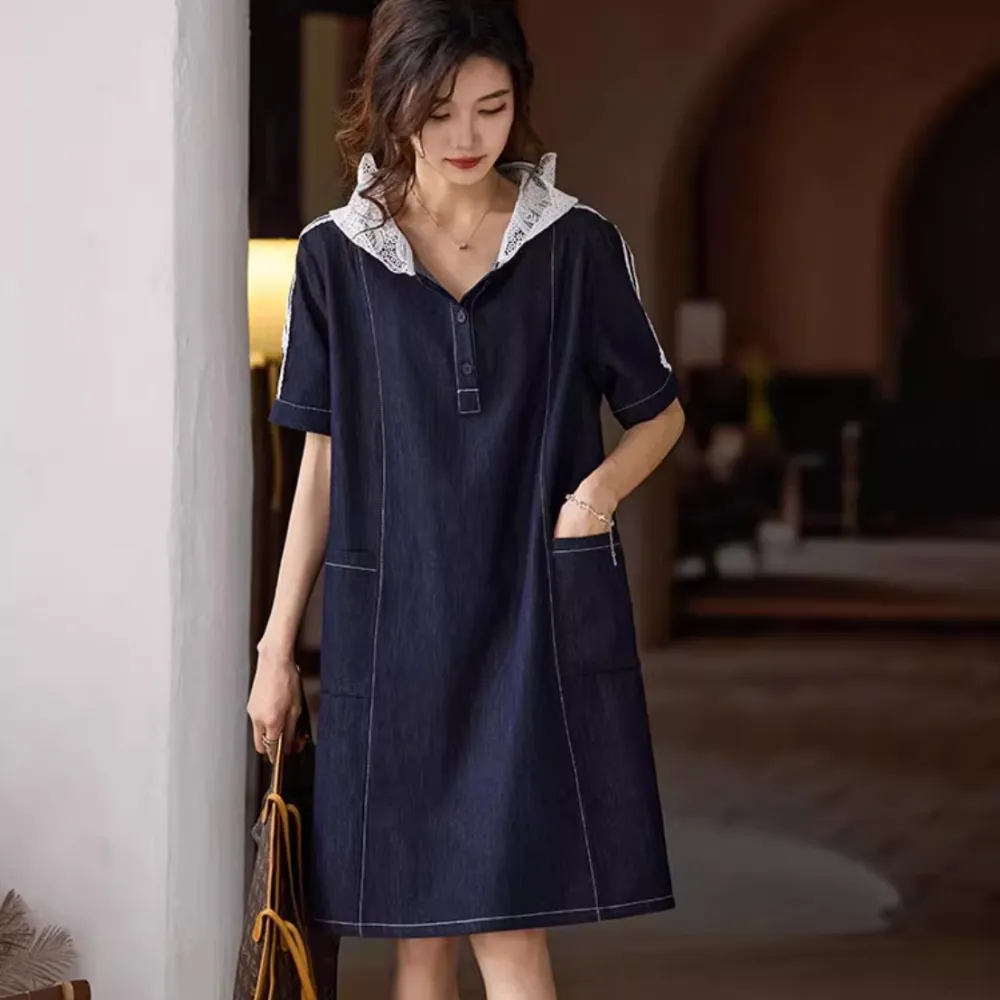 Plus Size Women's Clothing Lace Hooded Denim Dress