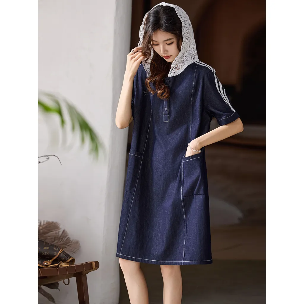 Plus Size Women's Clothing Lace Hooded Denim Dress - Denim Blue