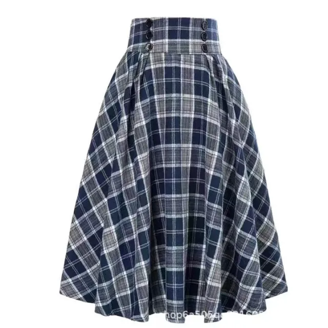 High Waist Plaid Big Hem Skirt Fall Winter Plaid Elastic Waist A Line Skirt Blue 2 - Shop at LoveMi