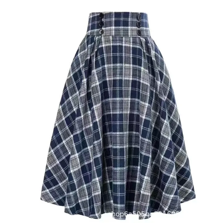 High Waist Plaid Big Hem Skirt Fall Winter Plaid Elastic Waist A- Line Skirt - Blue 2