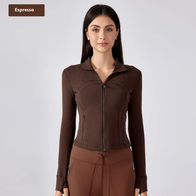 Short Stand Collar Yoga Clothes Coat Women's Sports Cardigan Jacket Tan - Shop at LoveMi