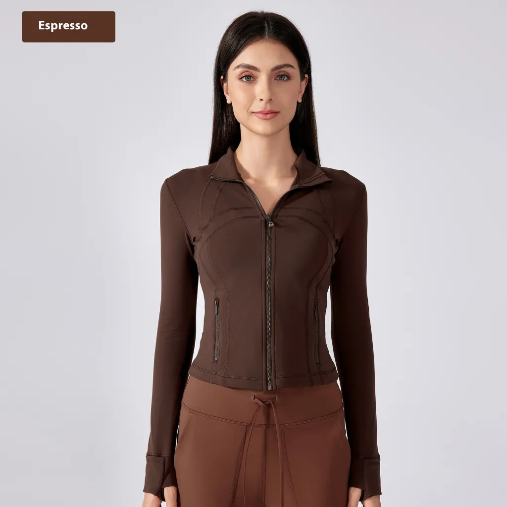 Short Stand Collar Yoga Clothes Coat Women's Sports Cardigan Jacket - Tan