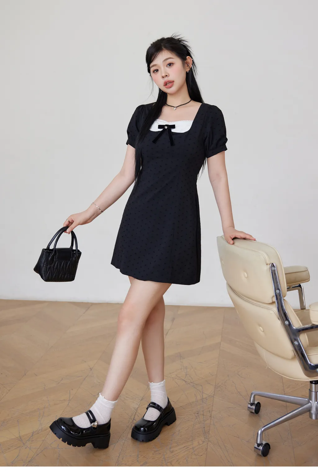 Bubble Sleeve Black Floral Bow Plus Size Dress - Black Short