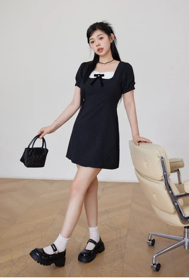 Bubble Sleeve Black Floral Bow Plus Size Dress Black Short - Shop at LoveMi