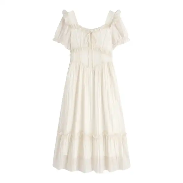 French Square Collar Dress With A Cinched Waist Stylish Skirt Apricot Long - Shop at LoveMi