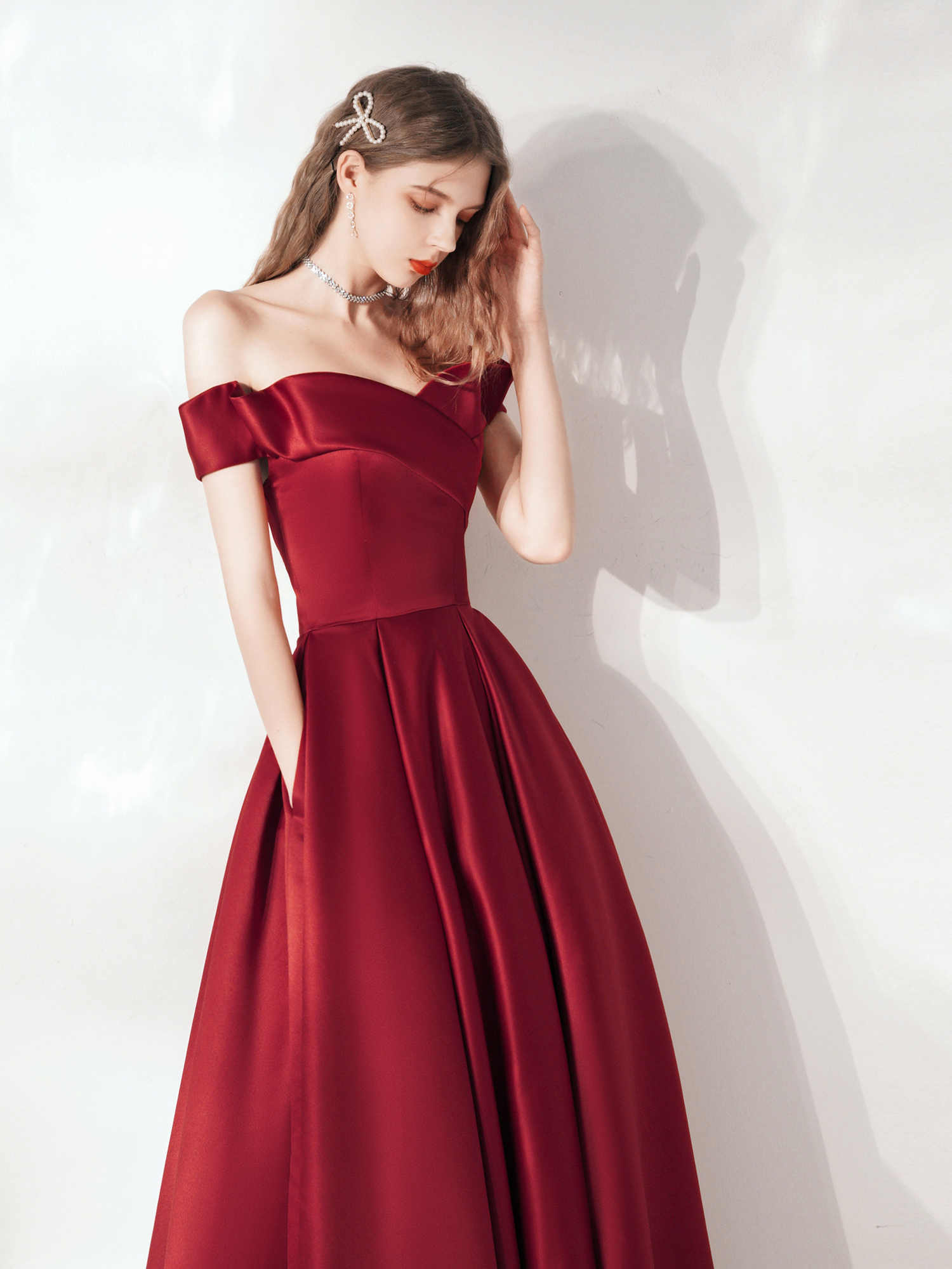 Red Dress Dinner Satin Elegant Evening Dress