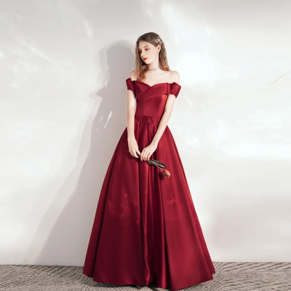 Red Dress Dinner Satin Elegant Evening Dress - Wine Red