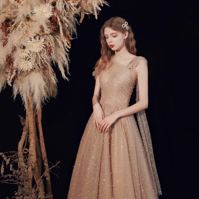 Bridal Wedding Host Performance Long Evening Dress Brown - Shop at LoveMi