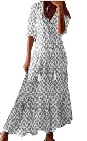 Long Sleeve Loose Bohemian Printed V-neck Maxi Dress - Light Grey