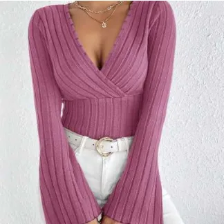 Women's Autumn And Winter Rib Sunken Stripe V neck Flared Slim fit Long Sleeve T shirt Elegant Women's Top Pink - Shop at LoveMi